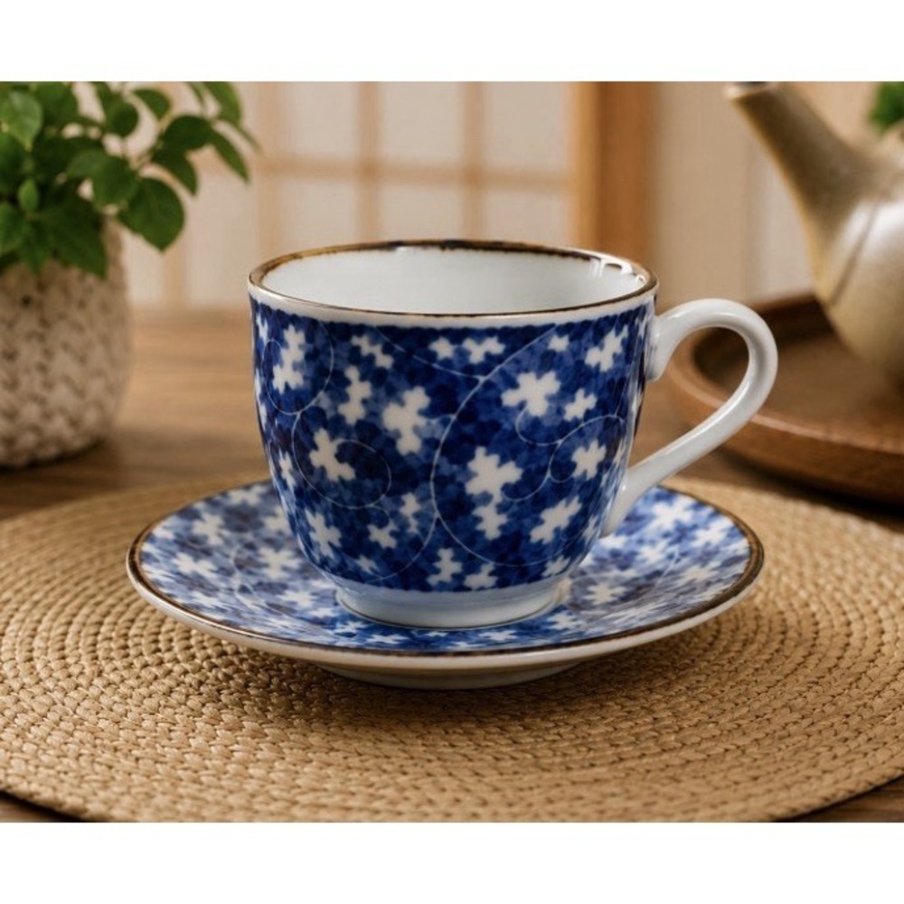 Japanese Blue And White Porcelain Tea Cup Saucer Set, Arita Style Floral 4"[X]